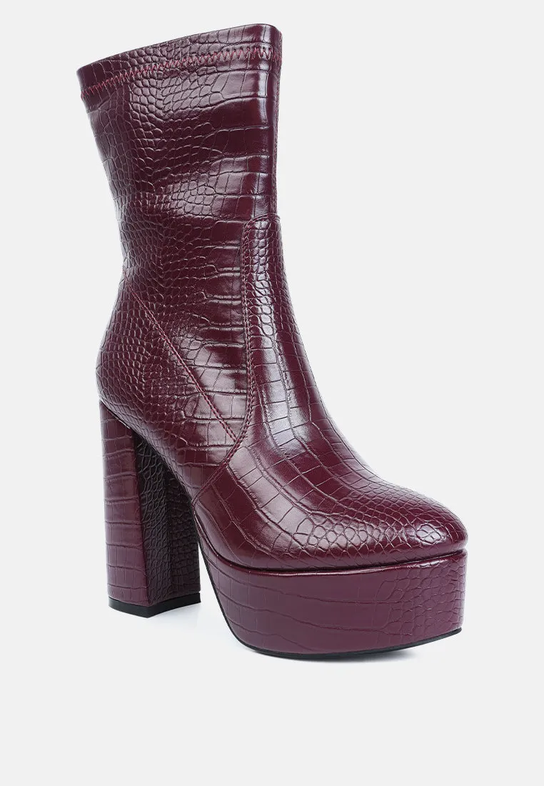 feral high heeled croc pattern ankle boot