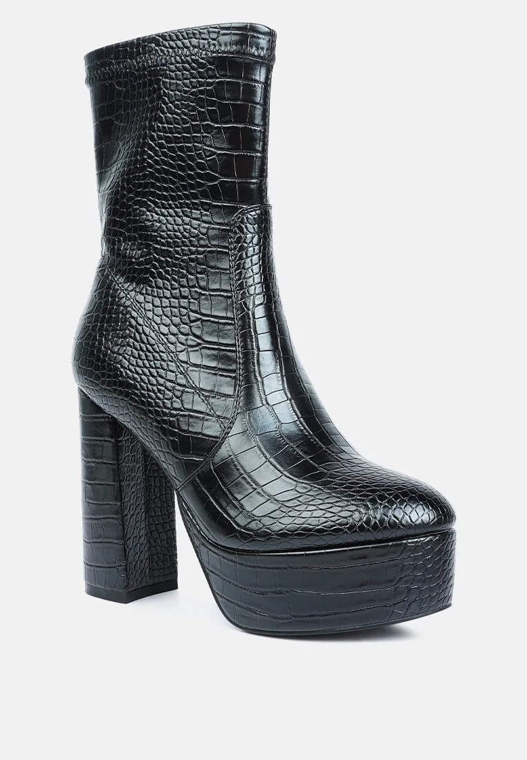 feral high heeled croc pattern ankle boot