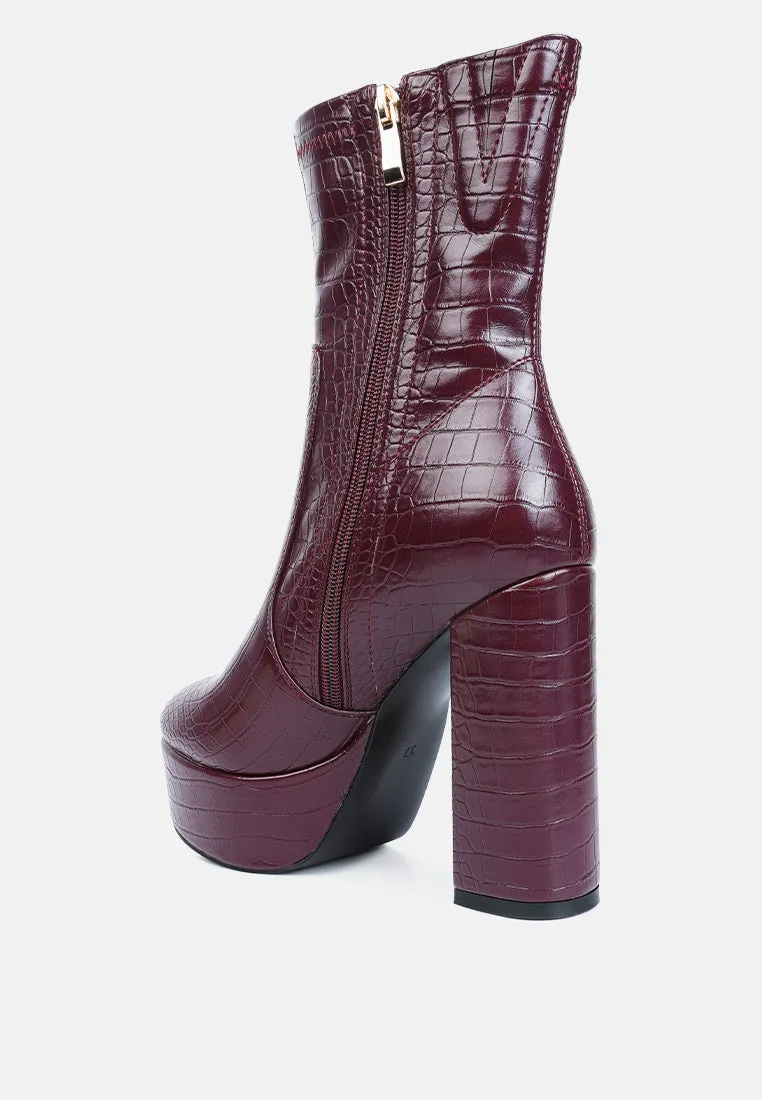 feral high heeled croc pattern ankle boot