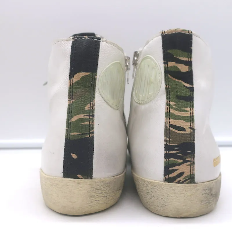 Golden Goose Francy Camo-Trim High Top Sneakers White Leather Size 36