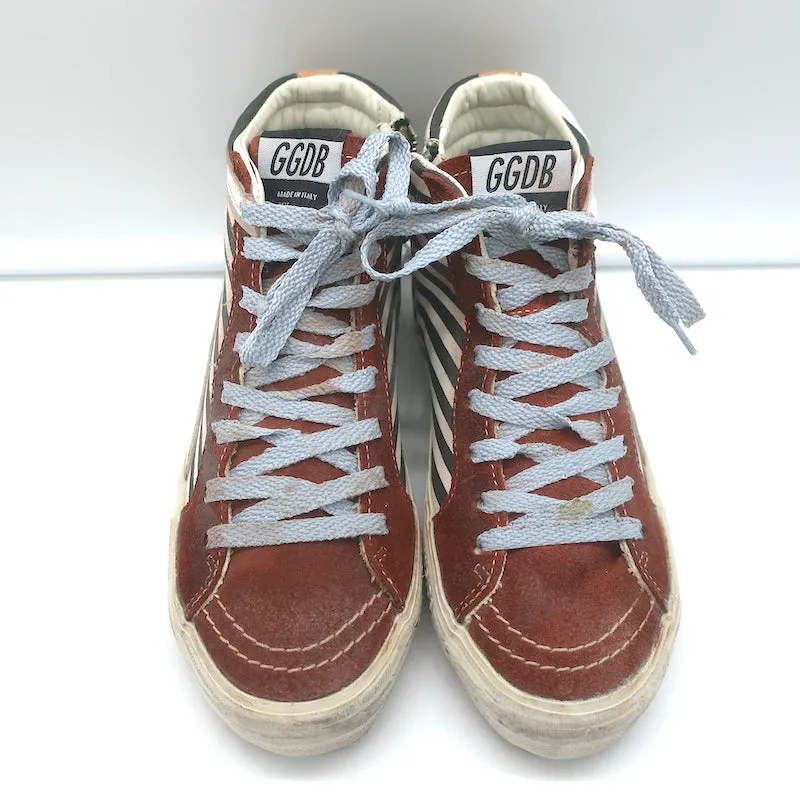 Golden Goose Slide Striped High Top Sneakers Burgundy Suede Size 36