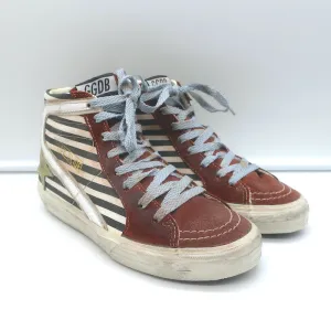 Golden Goose Slide Striped High Top Sneakers Burgundy Suede Size 36