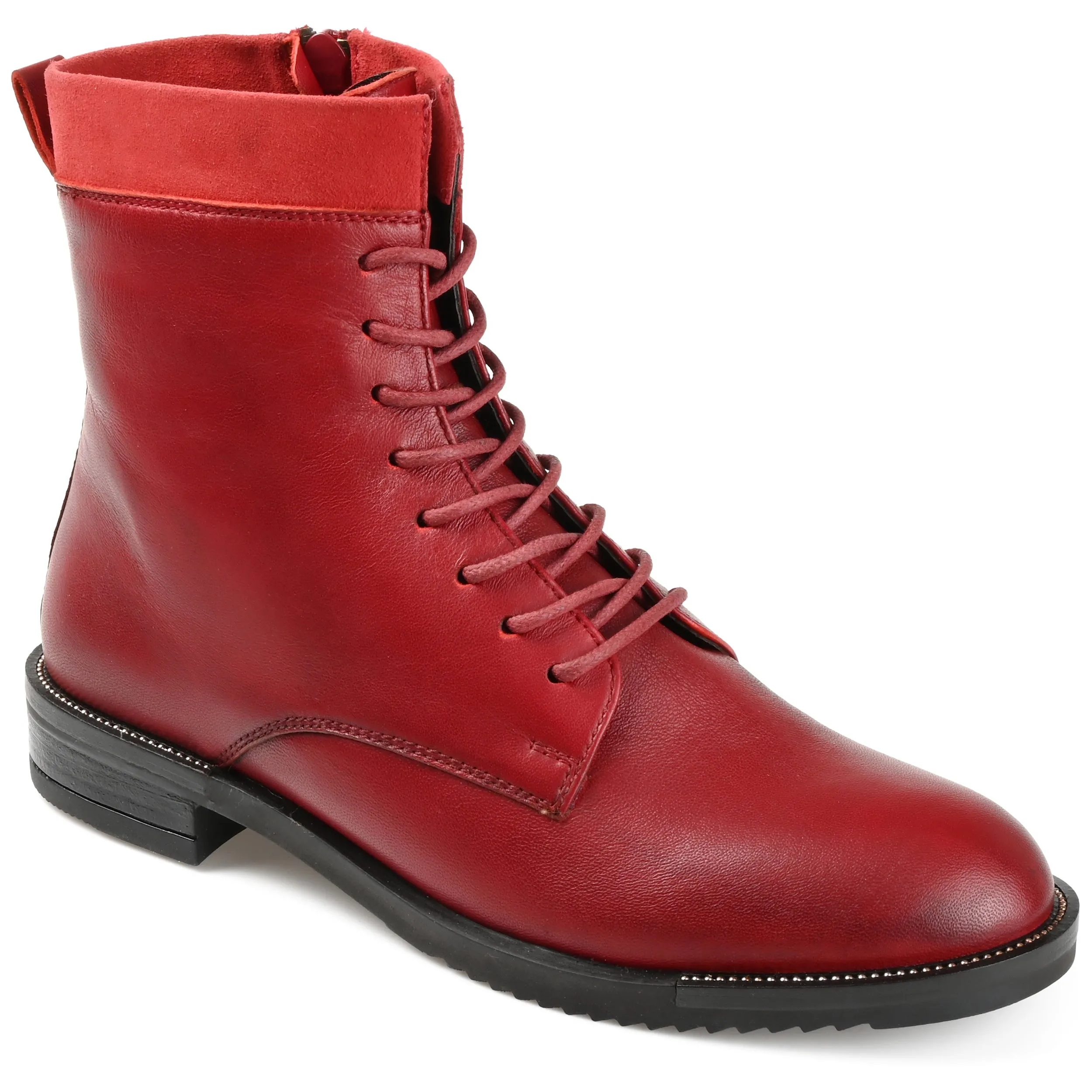 Journee Signature Womens Genuine Leather Natara Round Toe Stacked Combat Booties