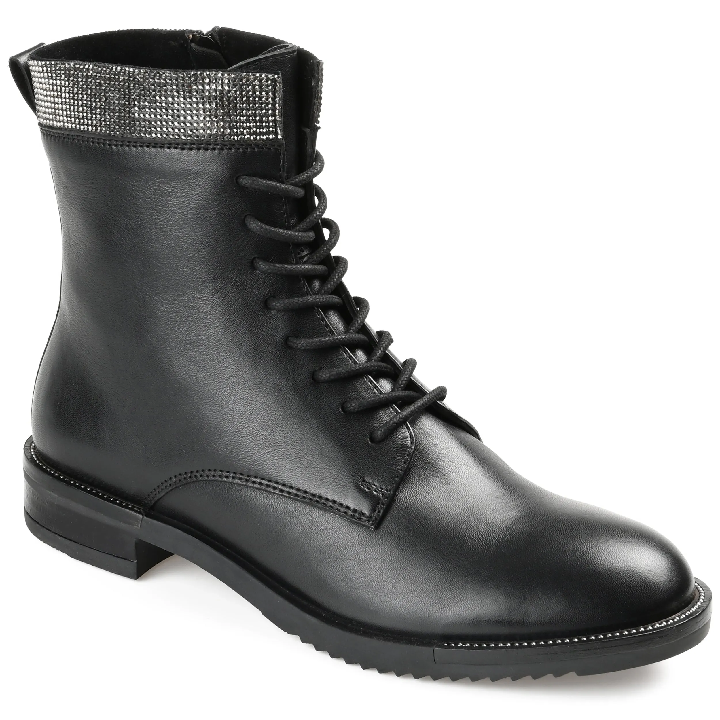 Journee Signature Womens Genuine Leather Natara Round Toe Stacked Combat Booties
