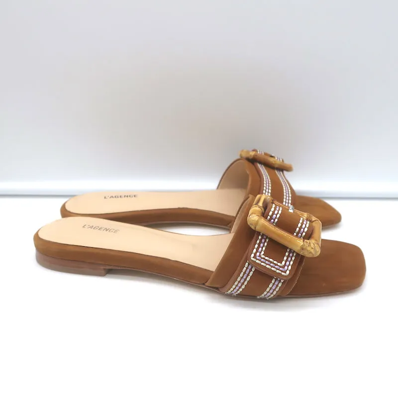 L'Agence Aurelie Bamboo Buckle Slide Sandals Brown Suede Size 7