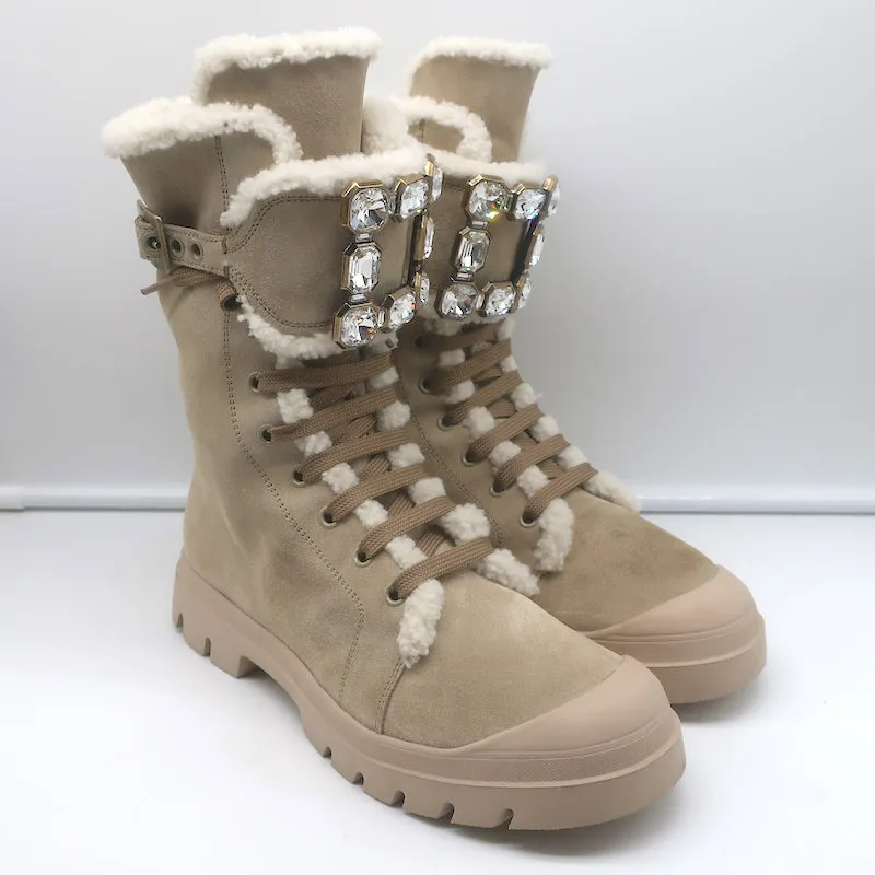 Roger Vivier Walky Viv Crystal Buckle Shearling Boots Beige Suede Size 38.5