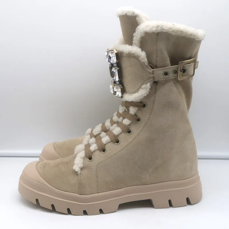 Roger Vivier Walky Viv Crystal Buckle Shearling Boots Beige Suede Size 38.5
