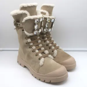 Roger Vivier Walky Viv Crystal Buckle Shearling Boots Beige Suede Size 38.5