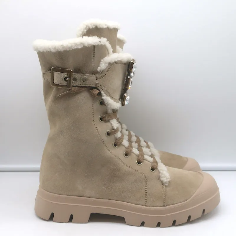 Roger Vivier Walky Viv Crystal Buckle Shearling Boots Beige Suede Size 38.5