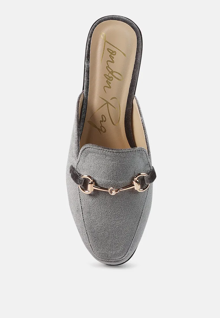 velvet buckled flat mules