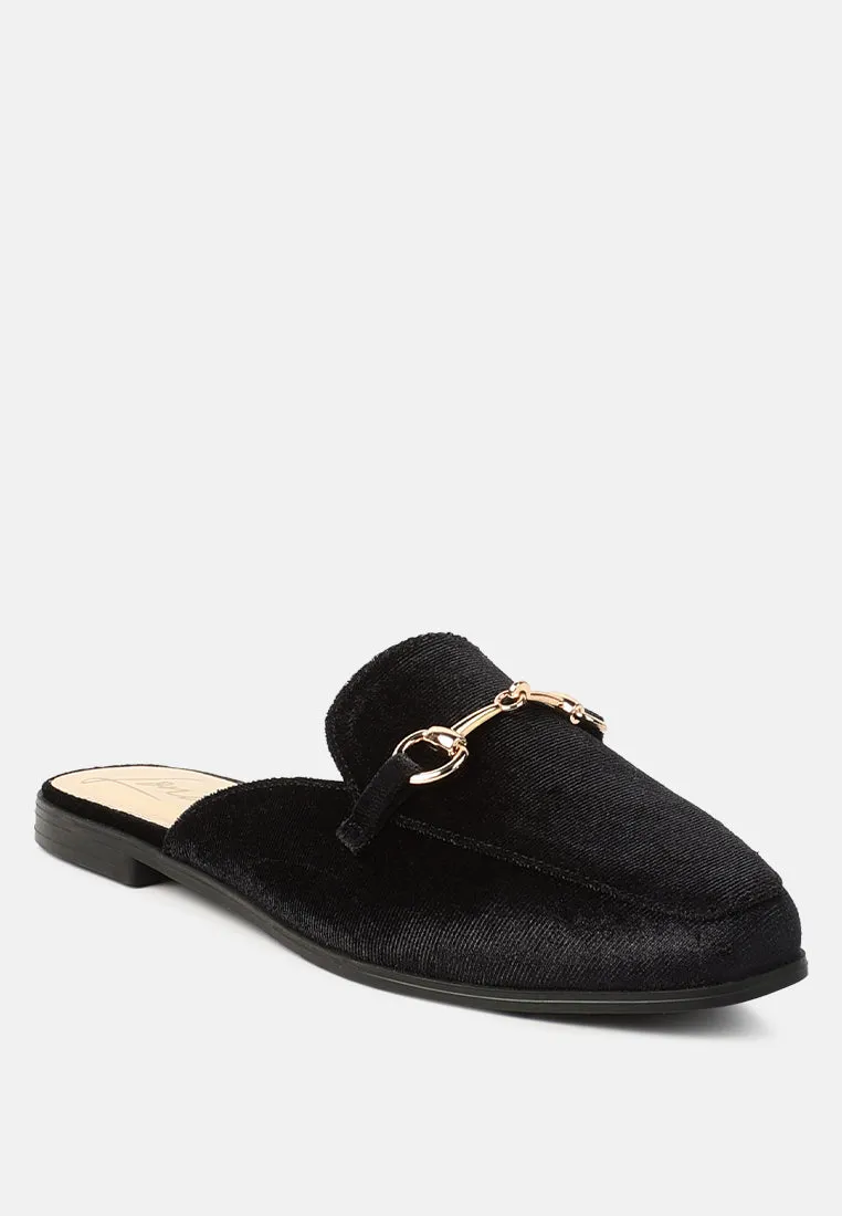 velvet buckled flat mules