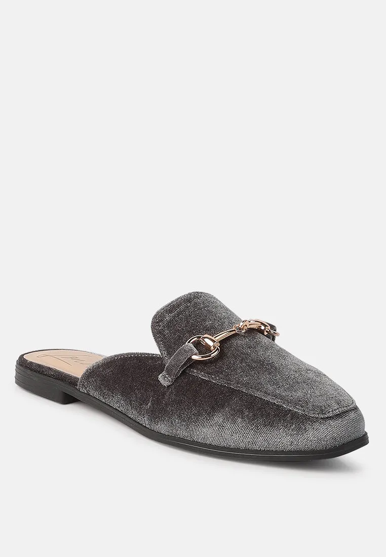 velvet buckled flat mules