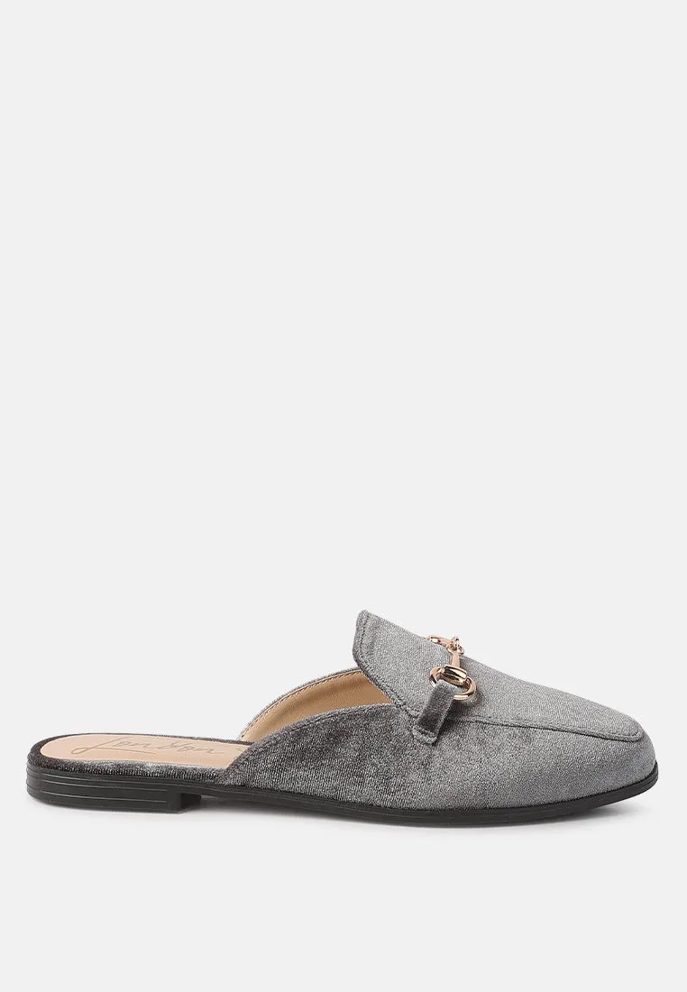 velvet buckled flat mules